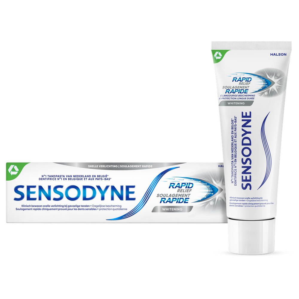 Tandpasta tube en verpakking. Opschrift: SENSODYNE® Rapid Relief. Tekst in het Frans.