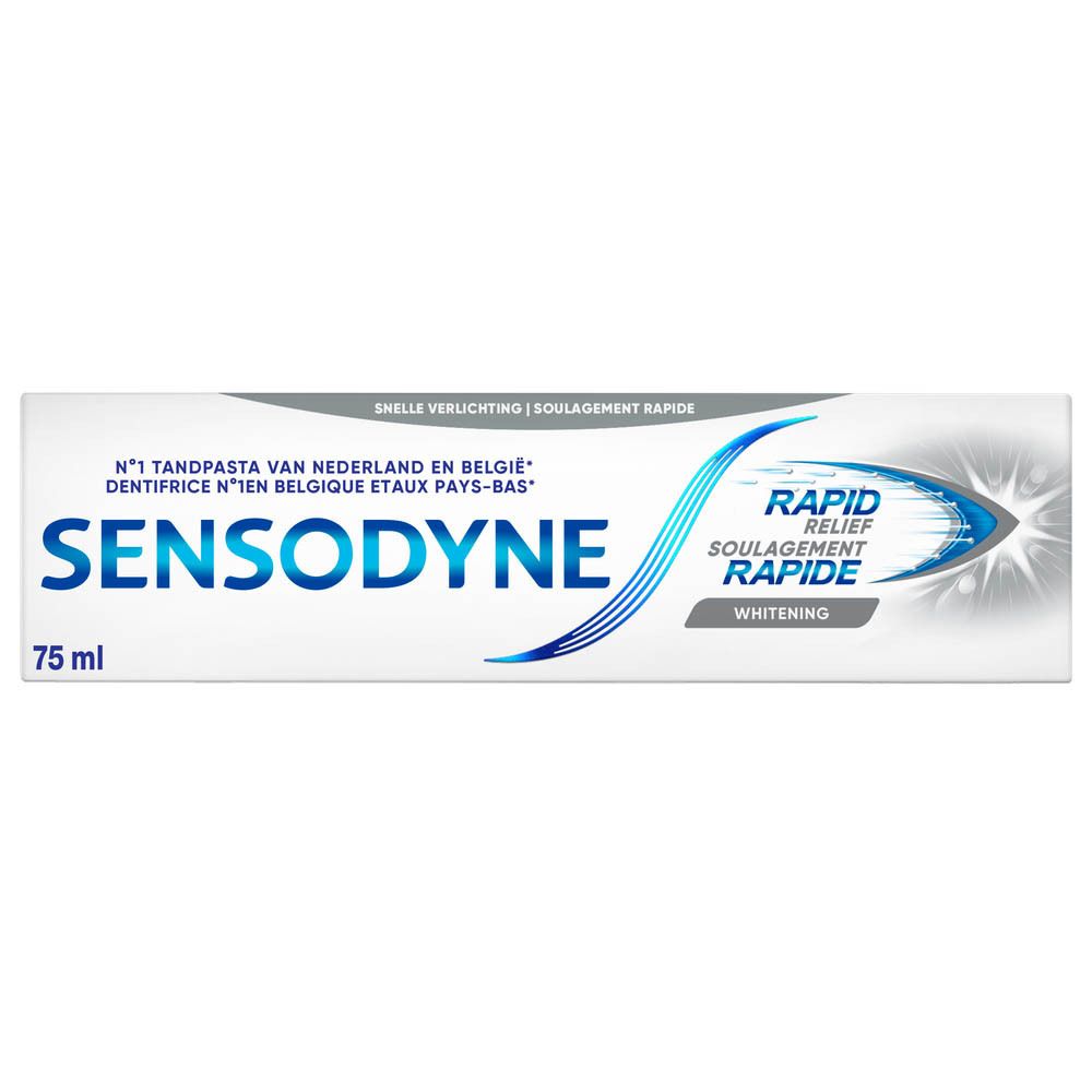 Tandpastaverpakking. Opschrift: SENSODYNE® Rapid Relief. Tekst in het Frans.