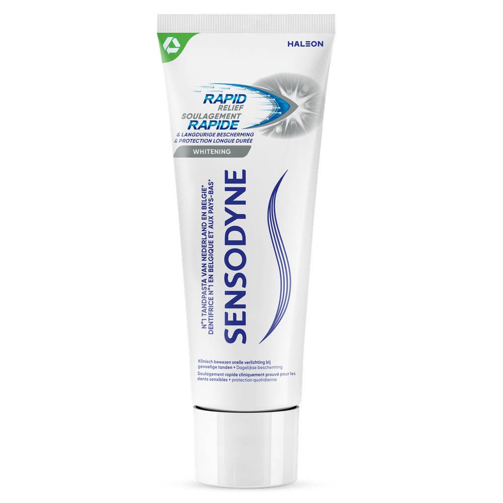 Tandpastaverpakking. Opschrift: SENSODYNE® Rapid Relief. Tekst in het Frans.