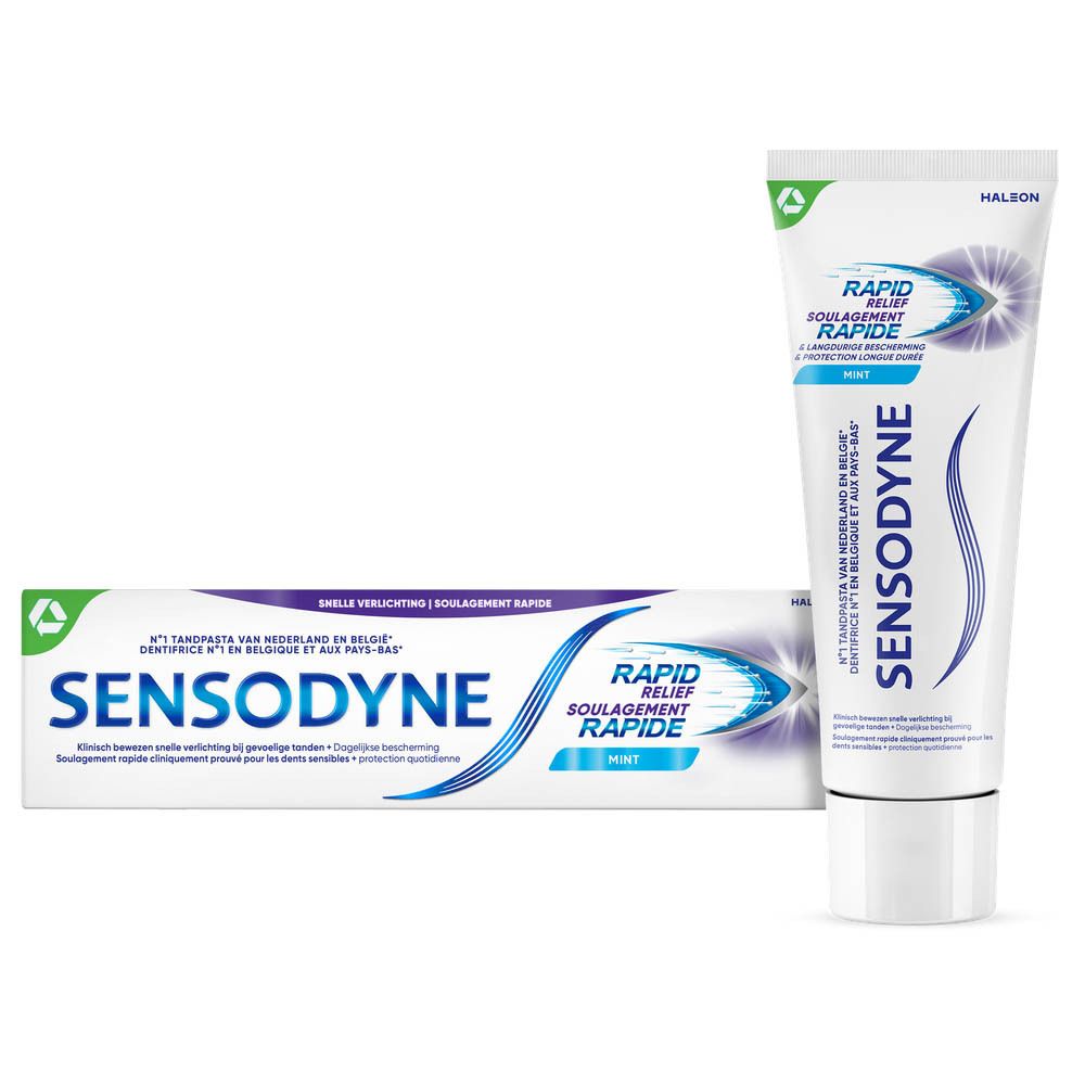 Sensodyne Rapid Relief tandpasta tube en doos. Mint, wit, blauwe tekst.