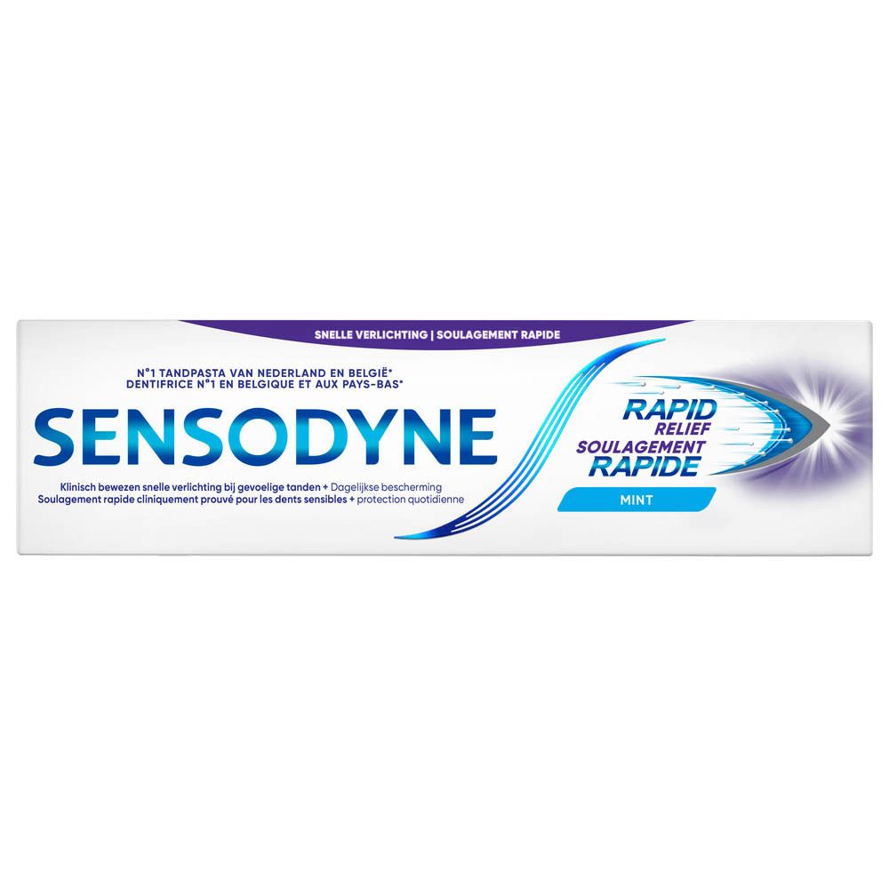 Boîte de dentifrice Sensodyne Rapid Relief. Menthe, blanc, texte bleu, motif ondulé.