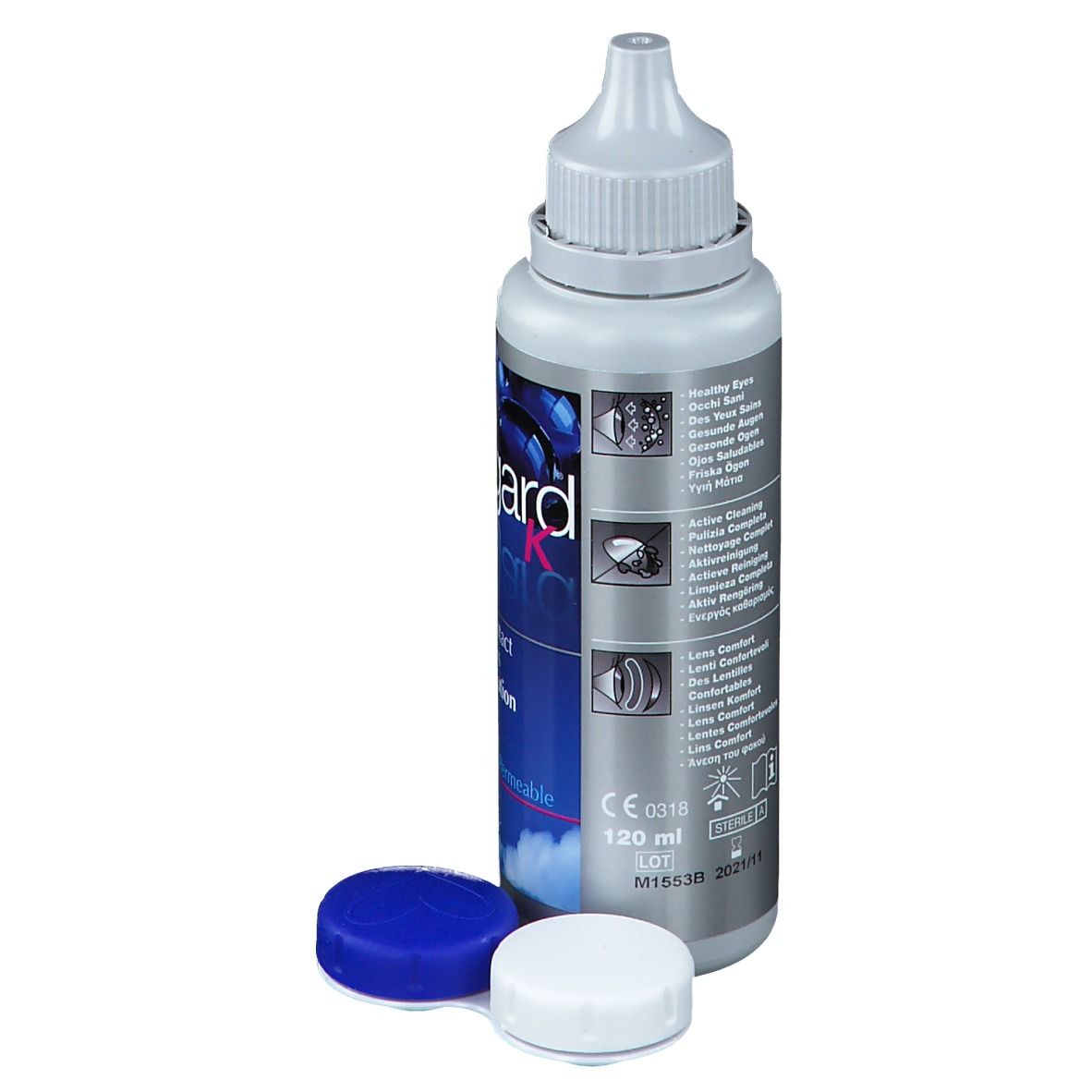 Fles contactlensvloeistof met doppen. Opschrift: Regard K, RGP, Contact Lens Solution, 120 ml.