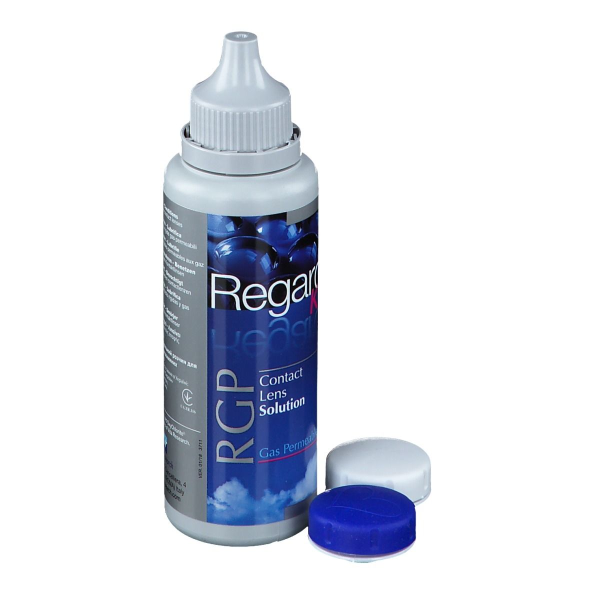 Fles contactlensvloeistof met doppen. Opschrift: Regard K, RGP, Contact Lens Solution, Gas Permeable.