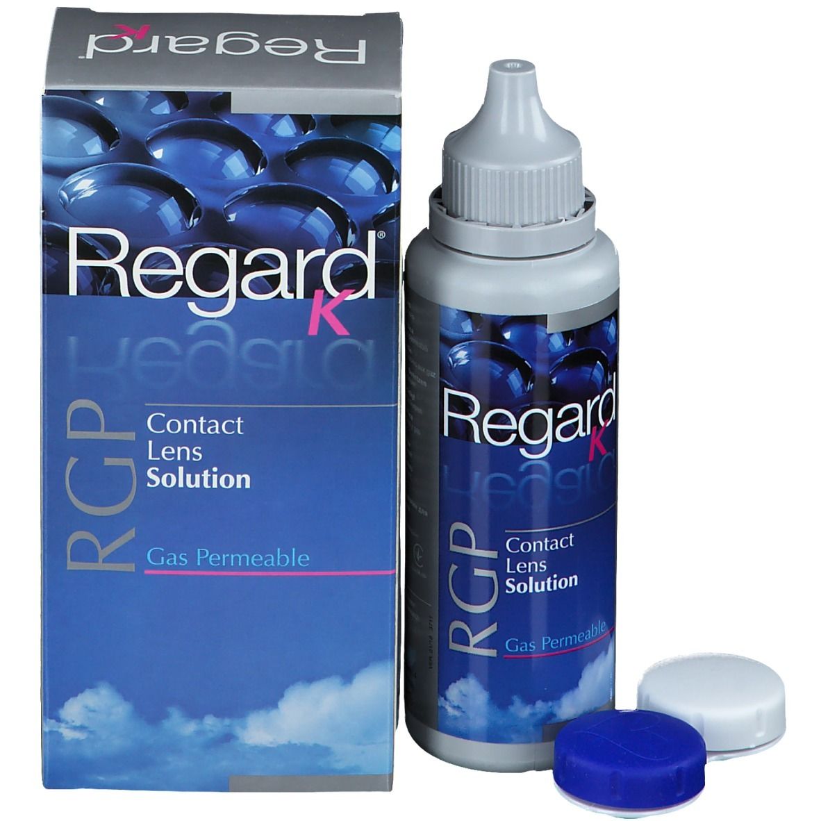 Verpakking en fles contactlensvloeistof met doppen. Opschrift: Regard K, RGP, Contact Lens Solution, Gas Permeable.