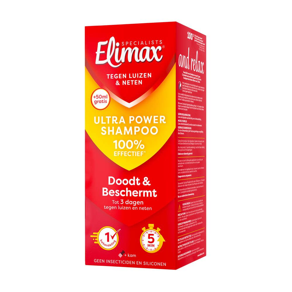 Elimax Ultra Power Shampoo kartonnen doos met rode en gele accenten.