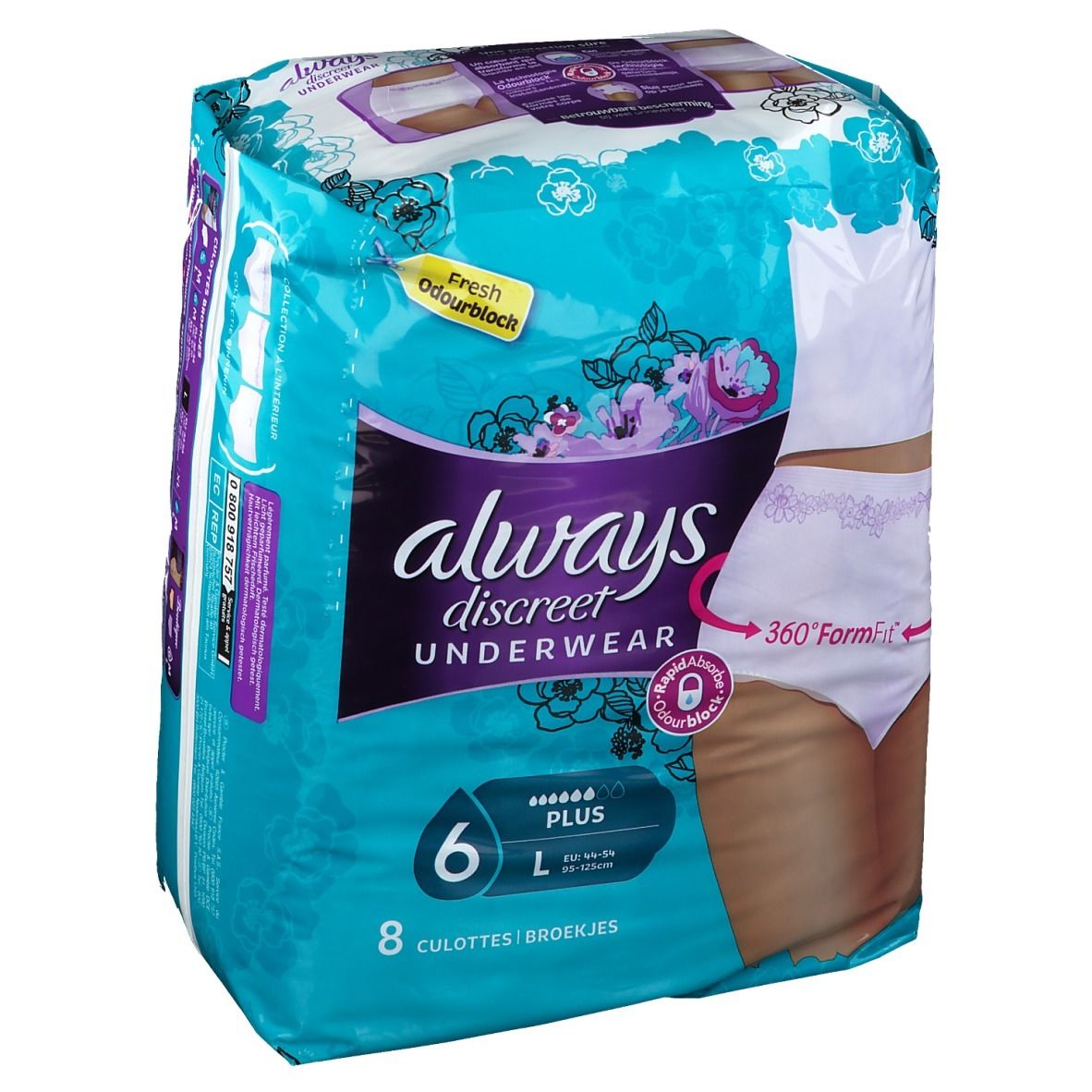 Paquet de Always Discreet Pants Large. Six unités, protection Plus. Emballage bleu avec illustration du produit.