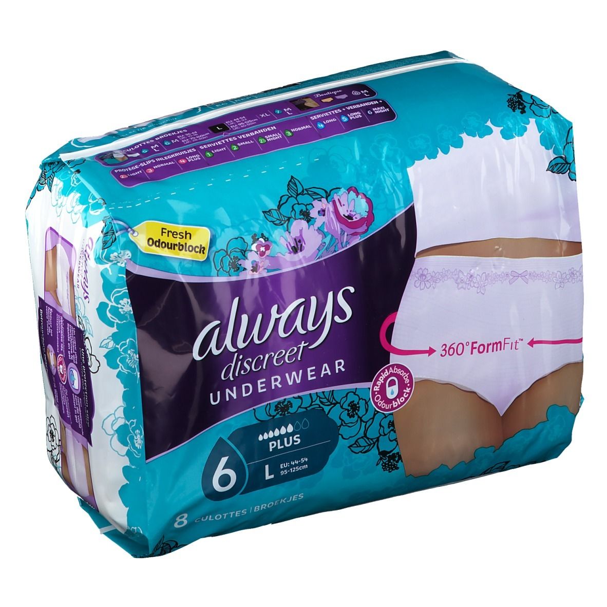 Paquet de Always Discreet Pants Large. Emballage bleu avec illustration et texte. Six unités, protection Plus.