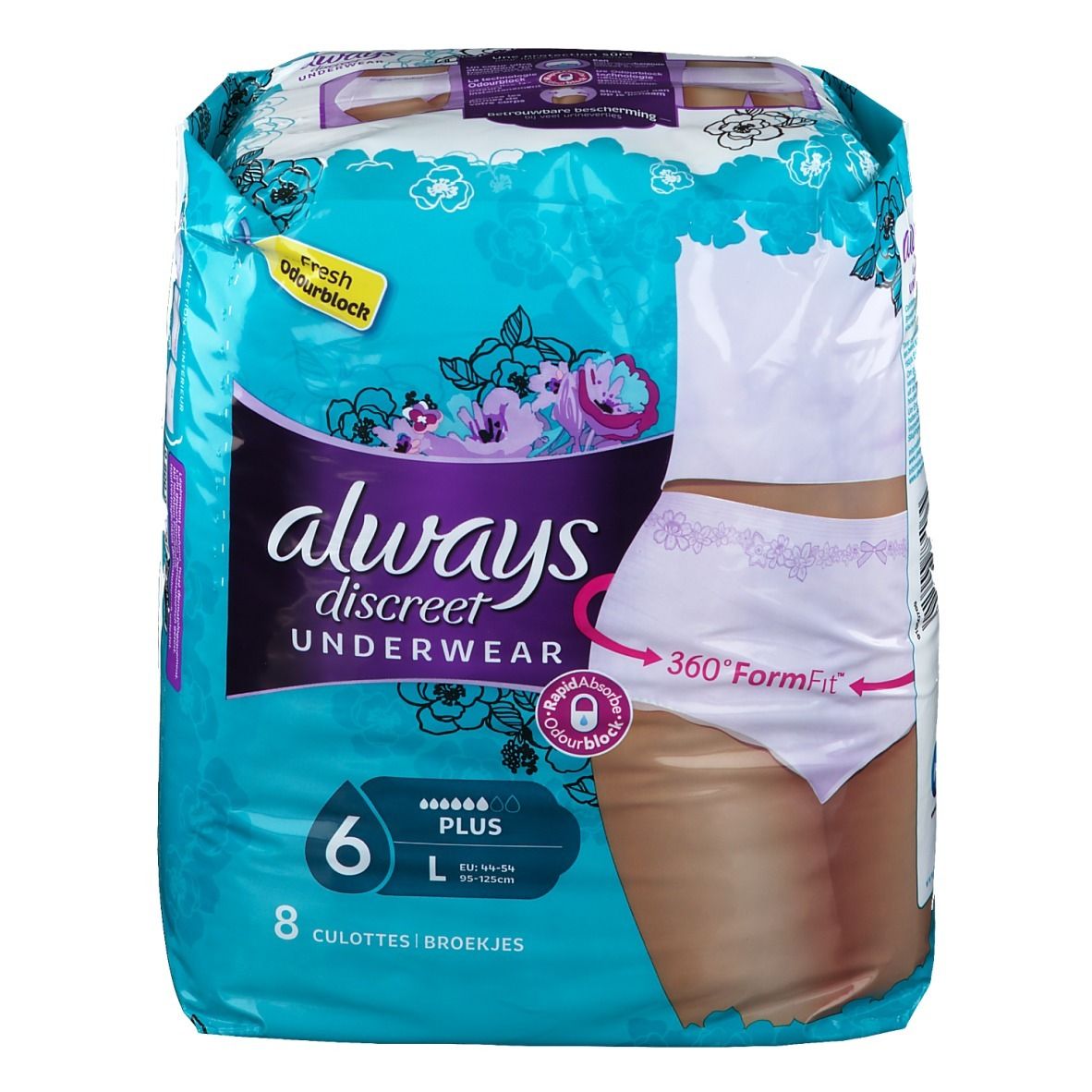 Paquet de Always Discreet Pants Large. Emballage bleu avec illustration et texte. Six unités, protection Plus.