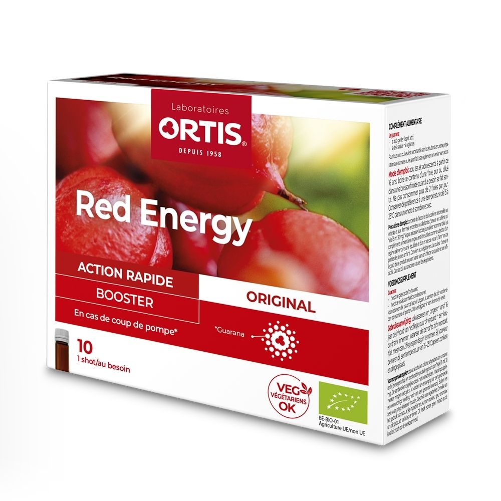 Boîte Ortis Red Energy Original ampoules de 10 shots. Façade avec texte 'Action Rapide Booster'.