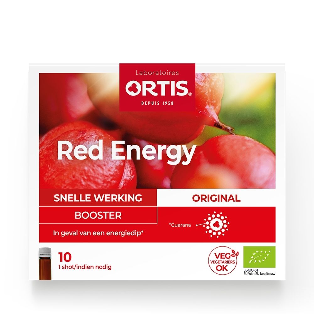 Ortis Red Energy Original ampullenbox met 10 shots. Zijkant met gebruiksaanwijzing en ingrediënten.