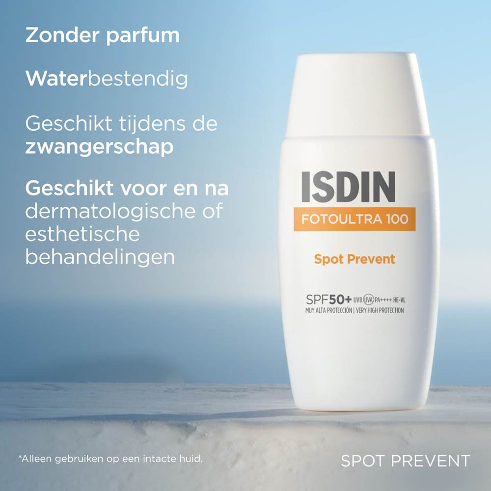 Witte fles ISDIN FOTOULTRA 100 Spot Prevent. Tekst: Zonder parfum. Waterbestendig. Geschikt voor zwangerschap.