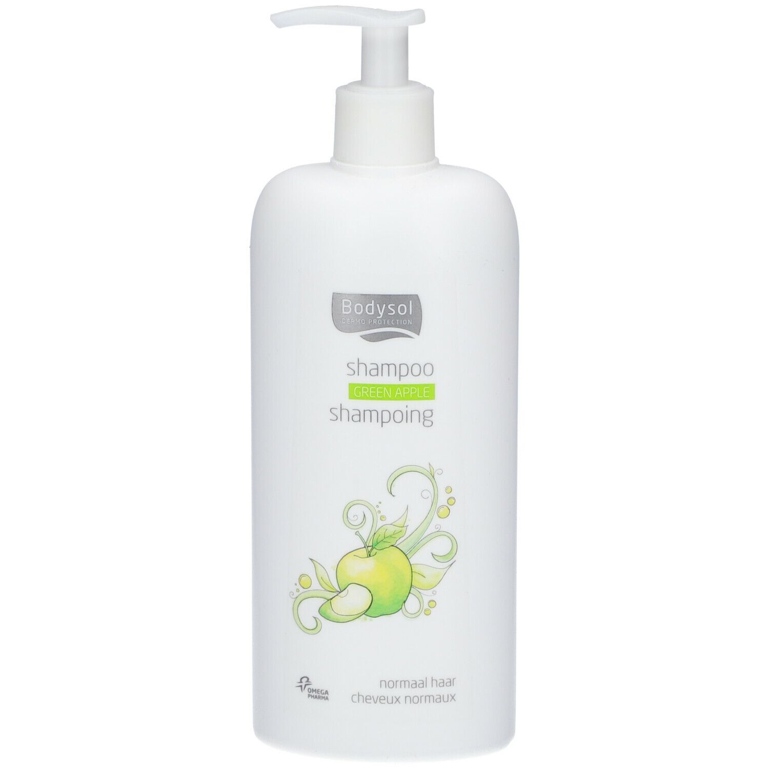Witte shampoo fles met doseerpomp. Opdruk: Bodysol, appel illustratie, "Normaal haar".