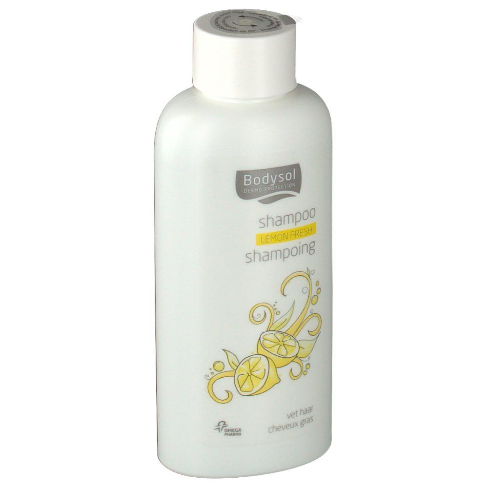 Witte fles Bodysol shampoo, citroenfris. Gele citroen illustratie. Voor vet haar.