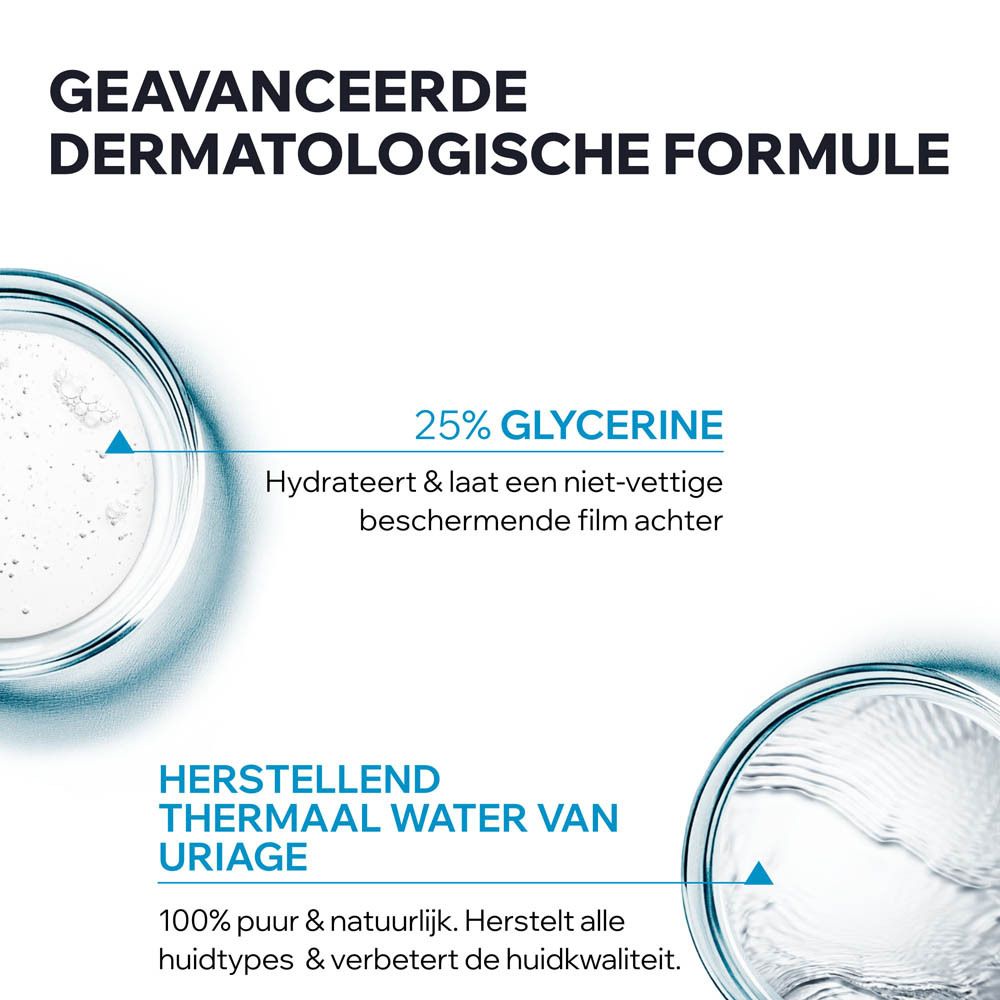 Uriage wasoliefles met blauwe pomp. Tekst: 25% glycerine, beschermende film.