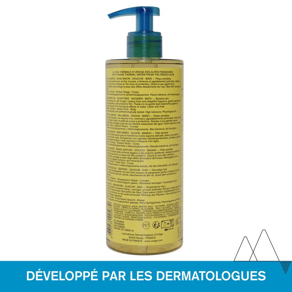 Flacon d'huile lavante Uriage avec pompe bleue. Texte : 25% glycérine, film protecteur.
