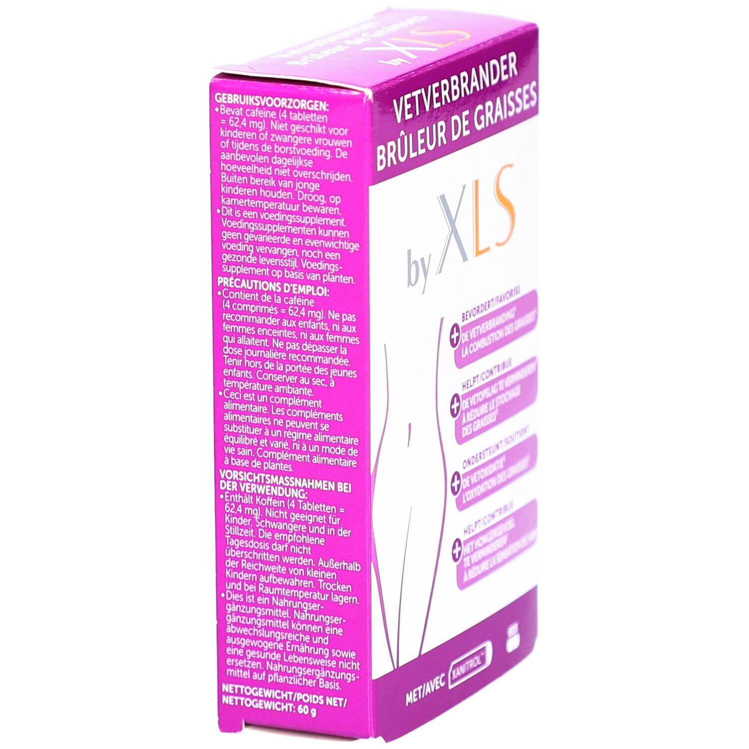 Vue latérale de la boîte XLS Cure Bûleur De Graisses. Emballage rose et blanc avec texte et informations.