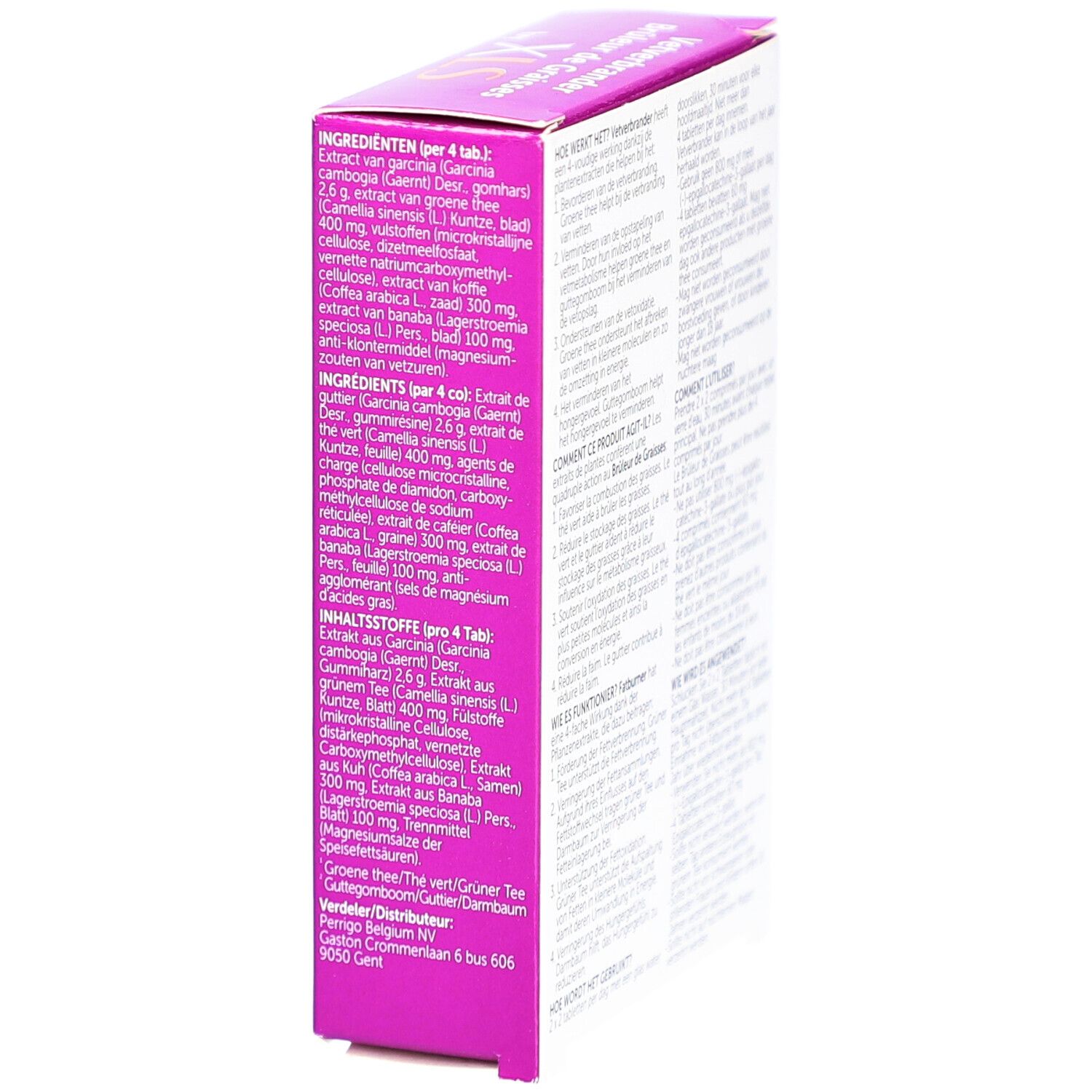 Détail des ingrédients de la boîte XLS Cure Bûleur De Graisses. Texte multilingue.