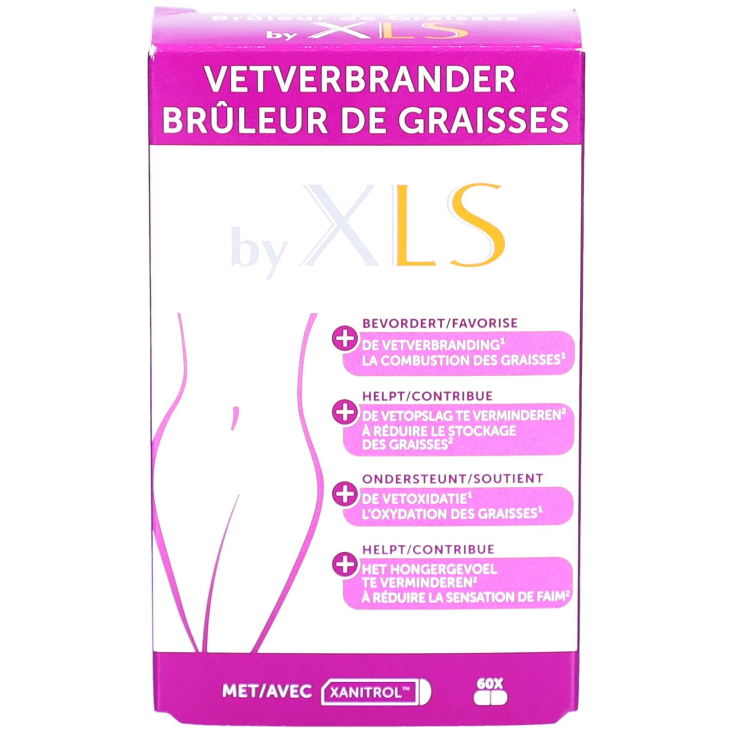 Boîte de XLS Cure Bûleur De Graisses. Emballage rose et blanc avec nom du produit et silhouette féminine.