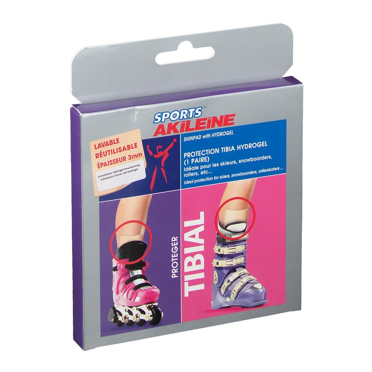 Verpakking Akileïne Deporte Protector De Tibia. Bevat een paar. Illustraties van voeten met skischoenen en rolschaatsen.
