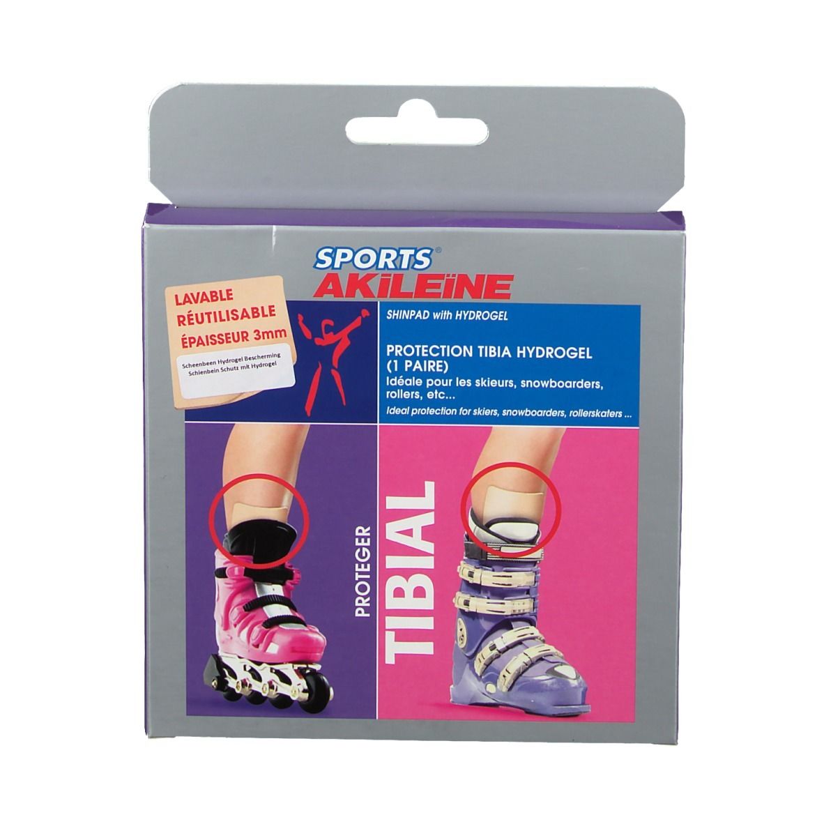Verpakking Akileïne Deporte Protector De Tibia. Bevat een paar. Illustraties van voeten met skischoenen en rolschaatsen. Tekst: Shinpad with hydrogel.