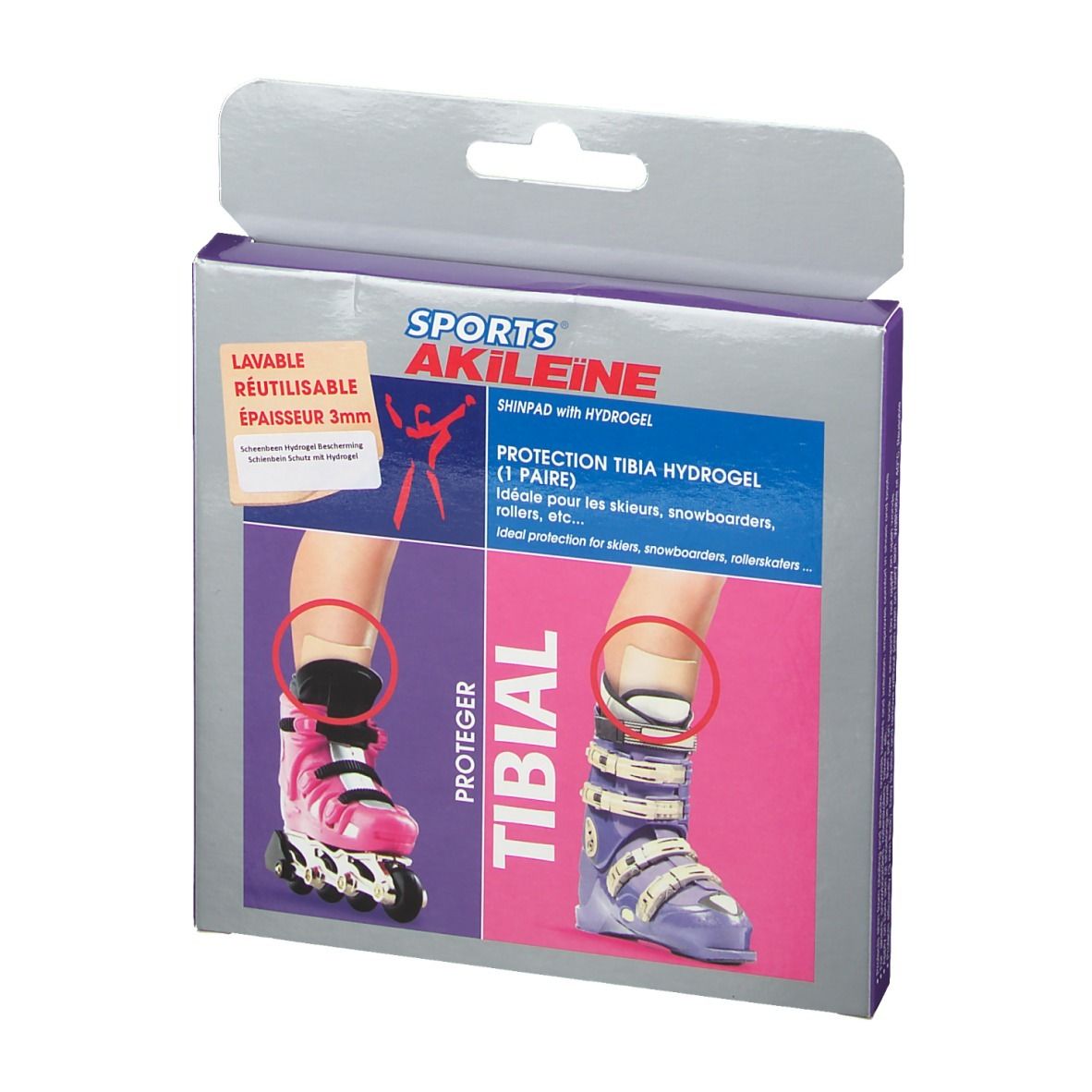 Verpakking Akileïne Deporte Protector De Tibia. Bevat een paar. Illustraties van voeten met skischoenen en rolschaatsen. Tekst: Shinpad with hydrogel.