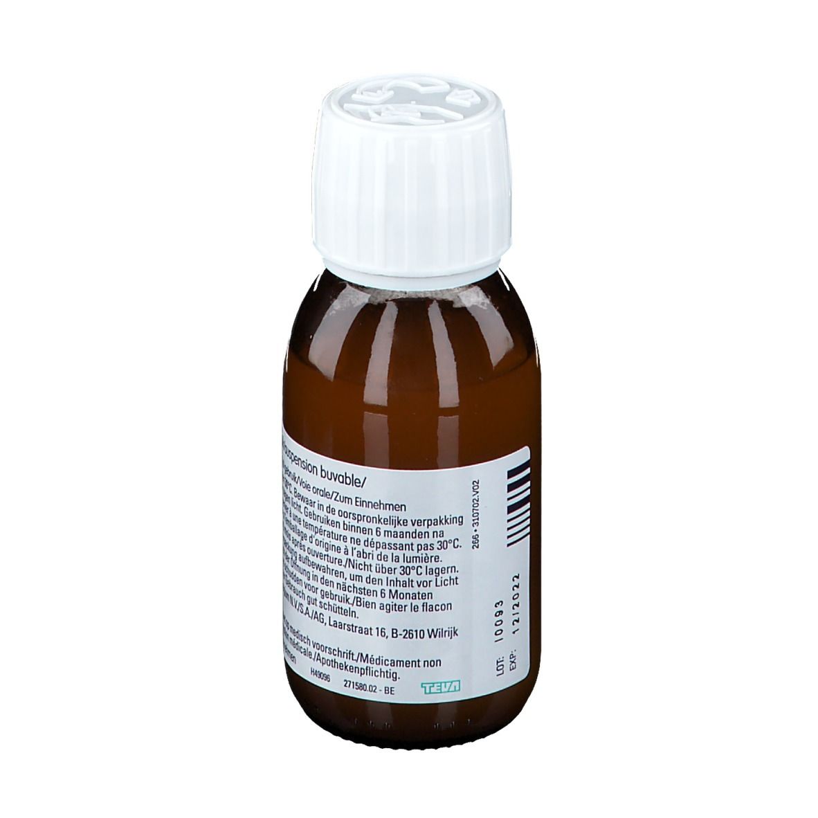 Flacon brun avec bouchon blanc. Étiquette avec texte et code-barres. Inscription: Suspension buvable.