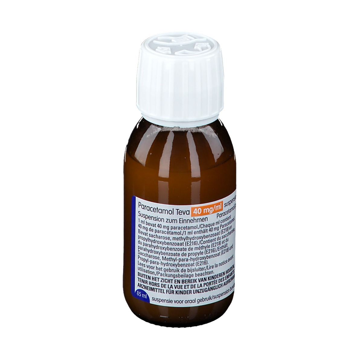 Flacon brun avec bouchon blanc. Étiquette avec informations produit. Inscription: Paracetamol Teva 40 mg/ml suspension buvable.