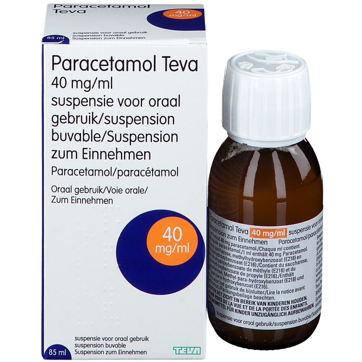 Emballage et flacon. Inscription: Paracetamol Teva 40 mg/ml suspension buvable. Marque bleue avec 40 mg/ml.