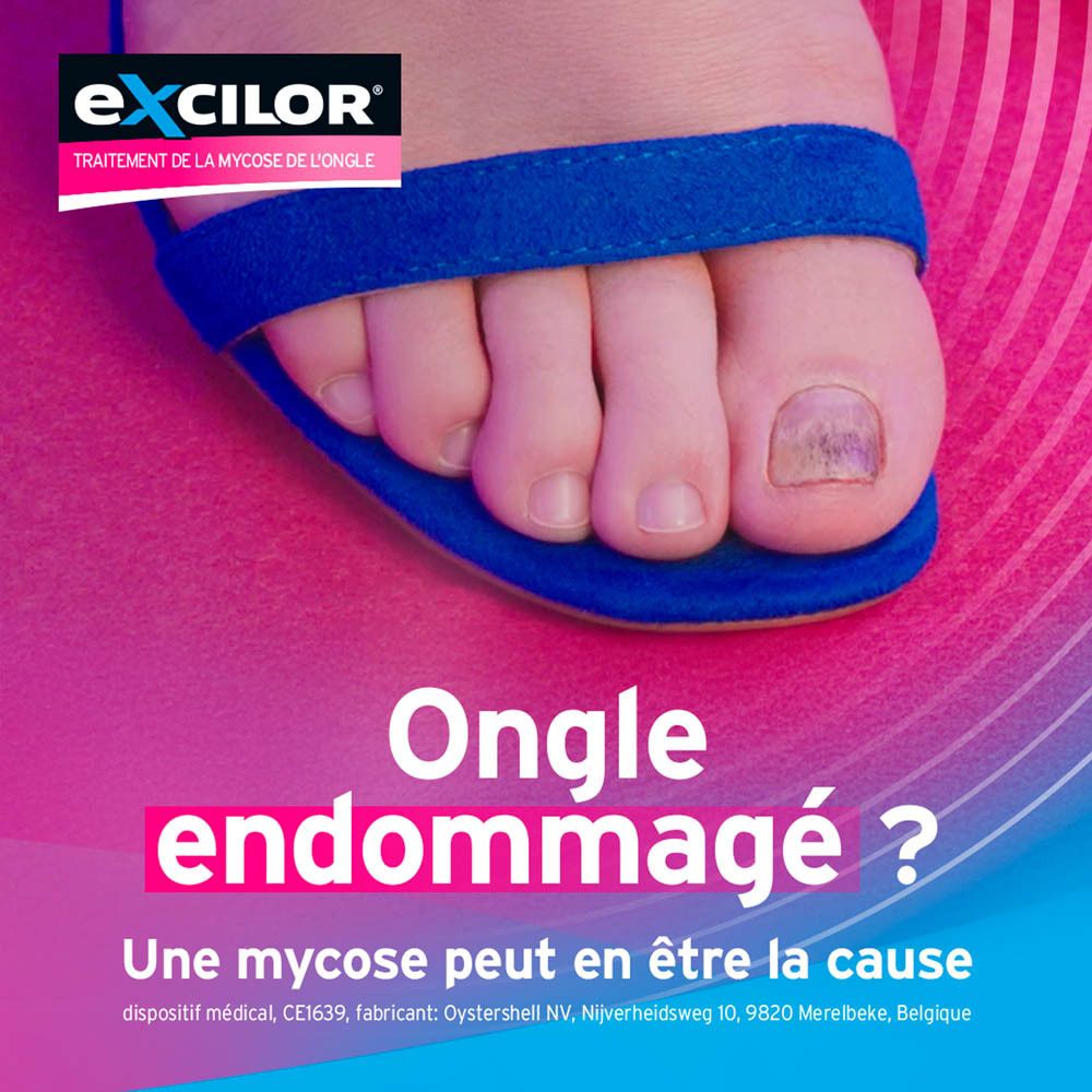 Flacon Excilor Forte, bouchon noir. Logo bleu. Inscription: Excilor.