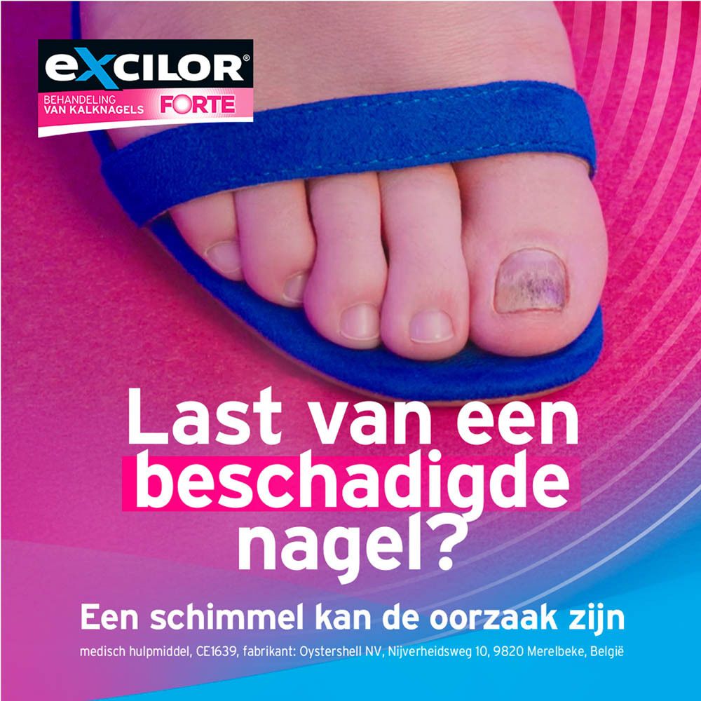 Excilor Forte doos. Productafbeelding en voet met schimmel. Bevat 30 ml.