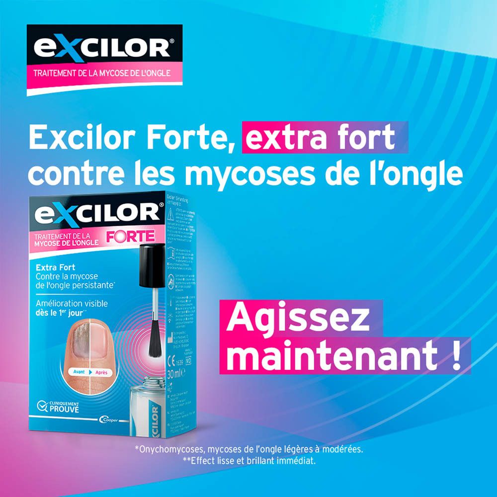 Flacon Excilor Forte, bouchon noir. Logo bleu. Inscription: Excilor.