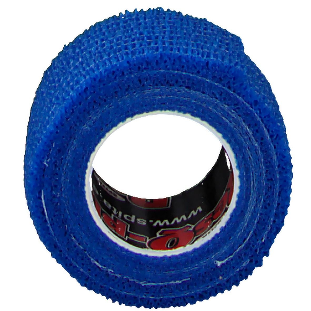 Blauw zelfklevend tape opgerold. De tape is gemaakt van een geweven materiaal. De kern van de tape is zichtbaar.