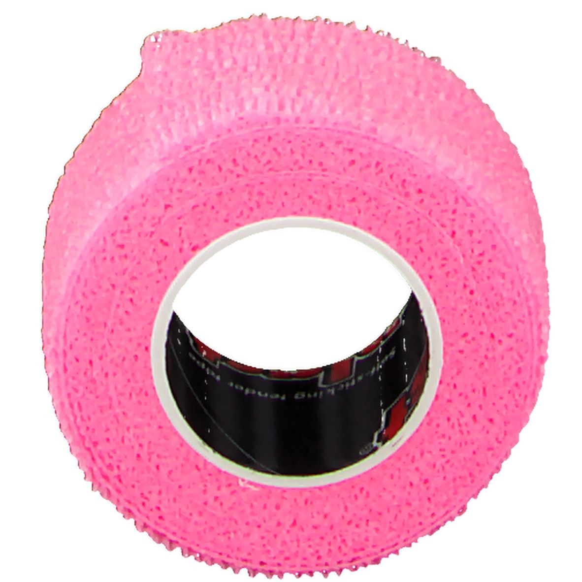 Rouleau de bandage rose. Le ruban est rose et percé d'un trou central. Le rouleau est enroulé.