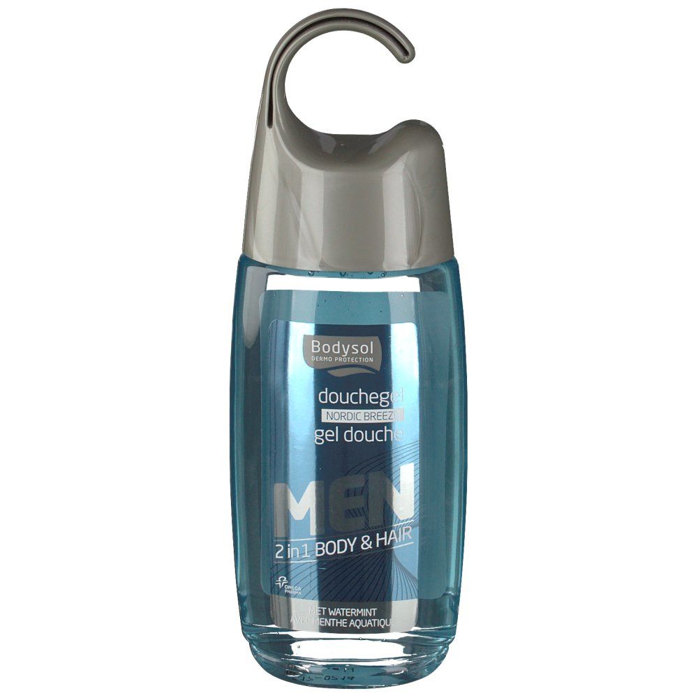 Blauw-transparante fles met grijze dop. Opschrift: MEN 2 in 1 Body & Hair. Ophanginrichting.