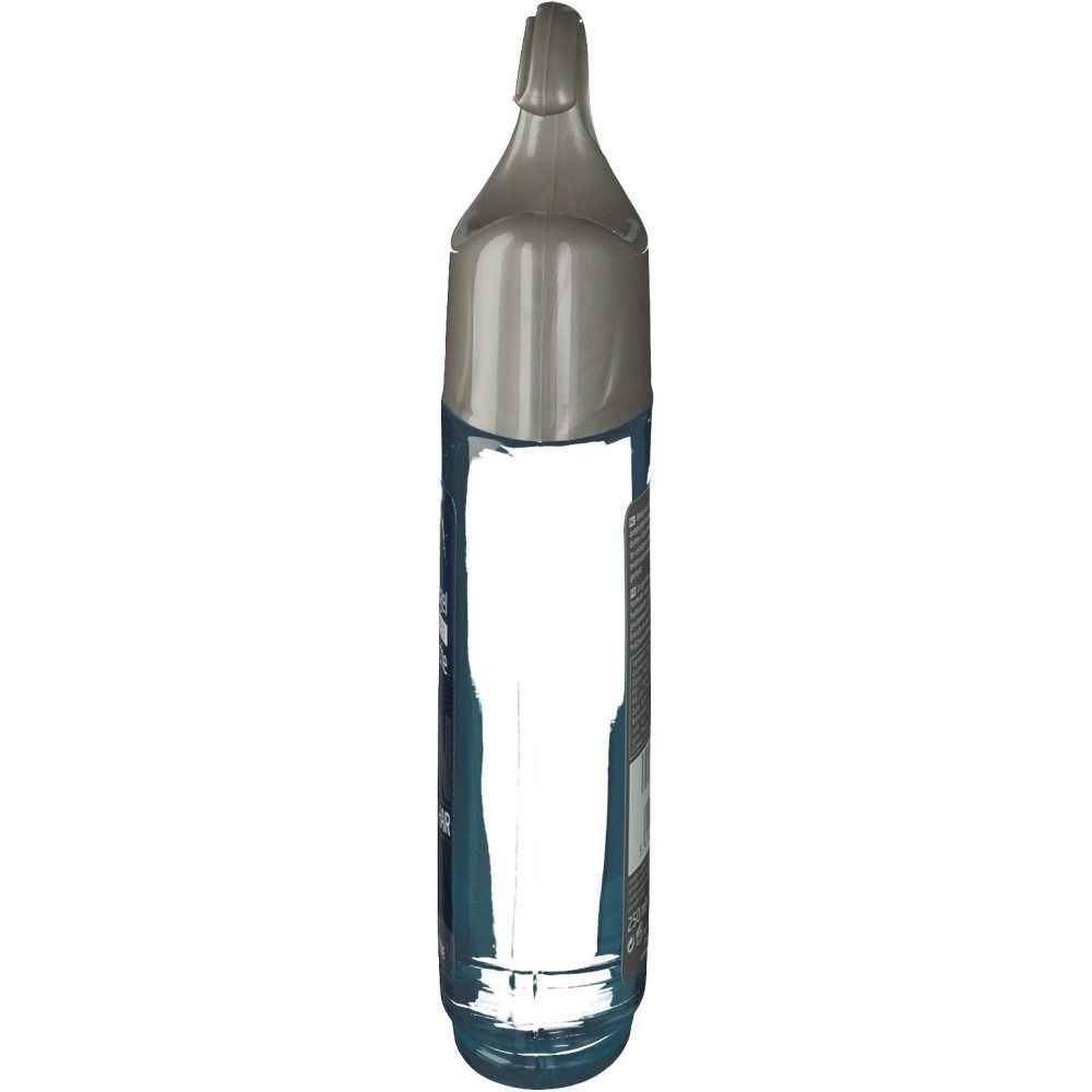 Smalle, transparante fles met grijze dop. Ophanginrichting. Achterkant met tekst.