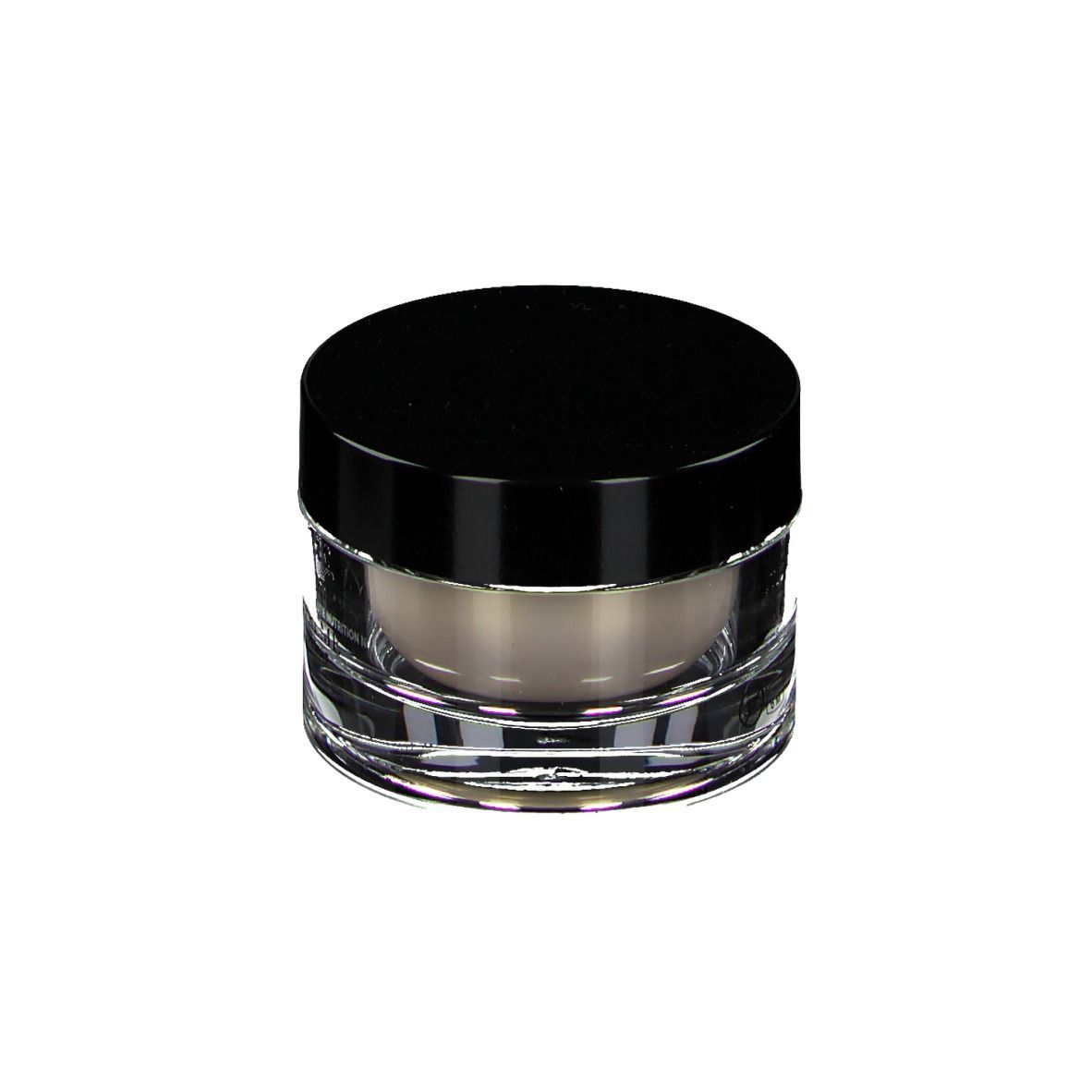 Pot rond avec couvercle noir. Contenu de la crème visible.