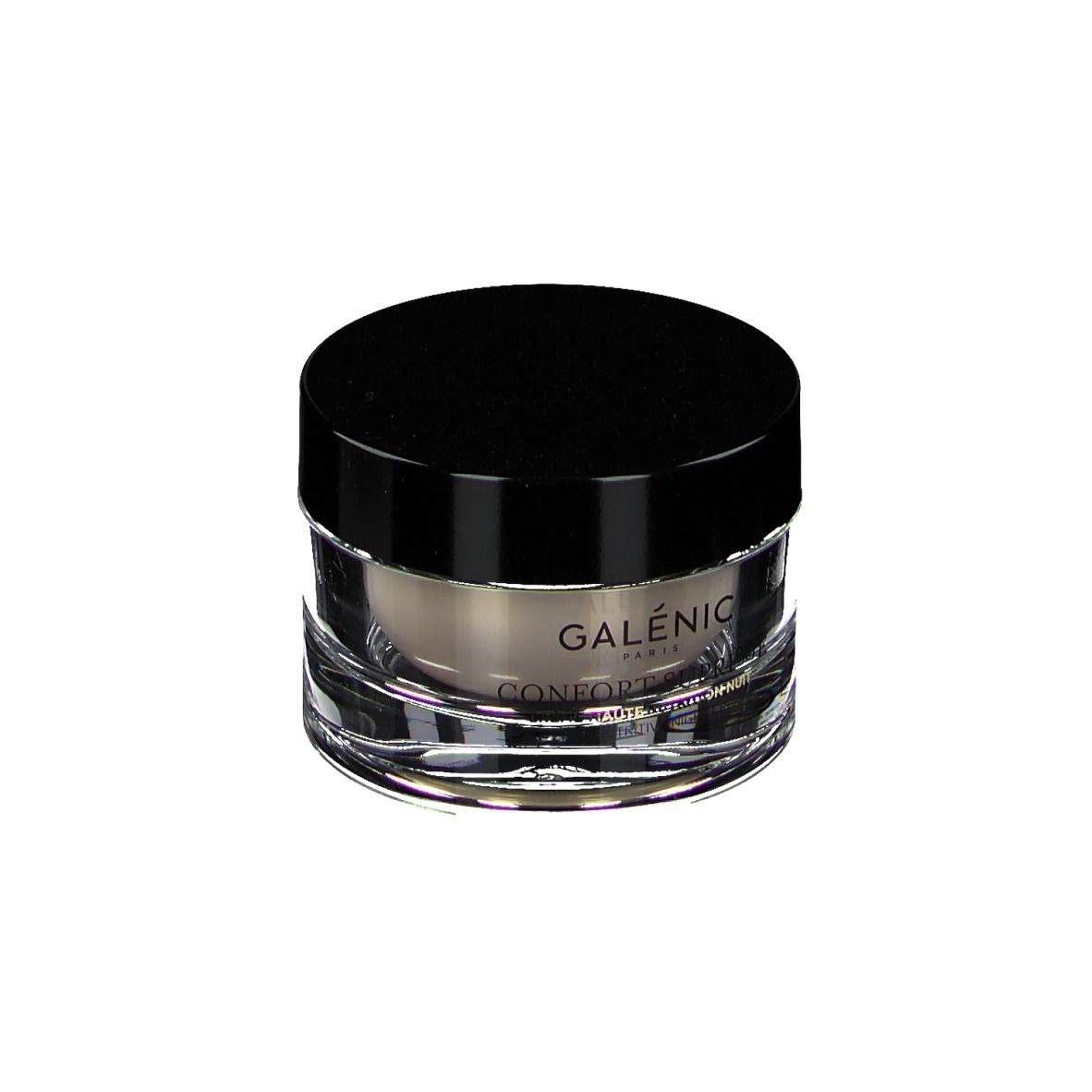 Pot rond avec couvercle noir. Inscription : Galénic, Confort.