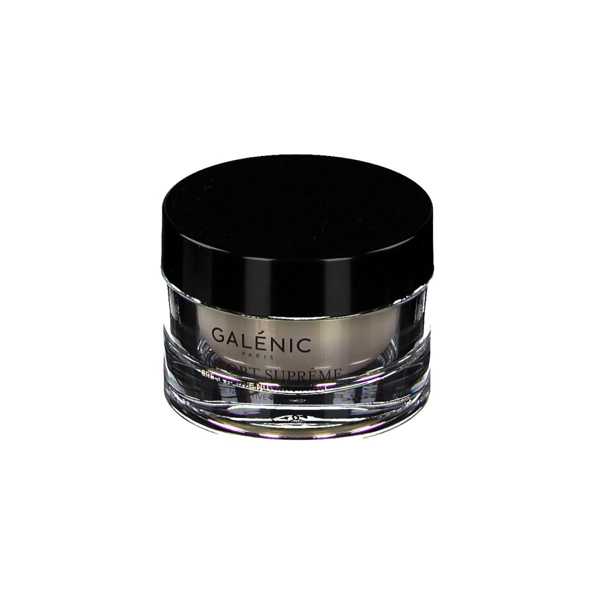 Pot rond avec couvercle noir. Inscription : Galénic, Confort Suprême.