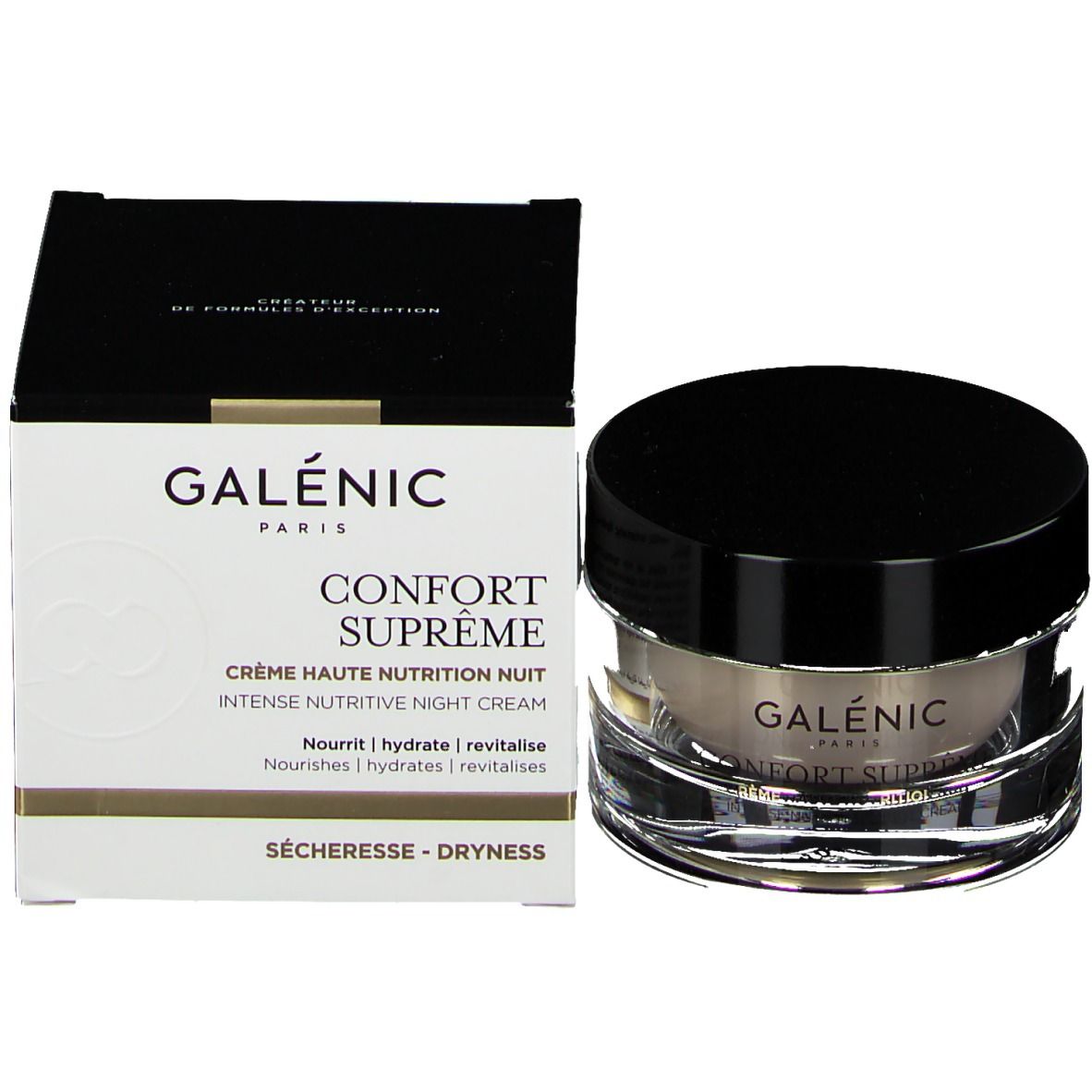 Pot de crème et emballage. Inscription : Galénic, Confort Suprême, Crème Haute Nutrition Nuit.