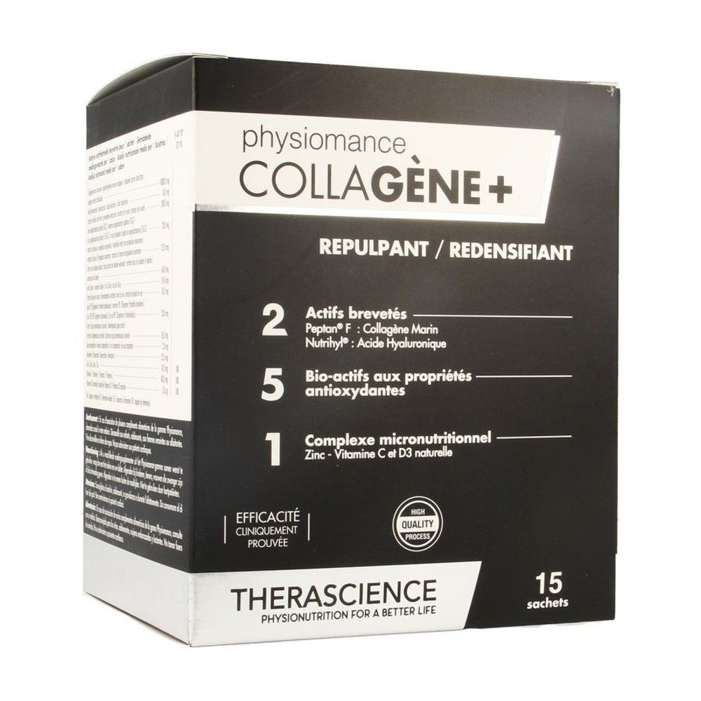 Boîte Physiomance Collagène+. Contient 15 sachets. Inscriptions: "2 Actifs brevetés", "5 Bio-actifs", "1 Complexe micronutritionnel".