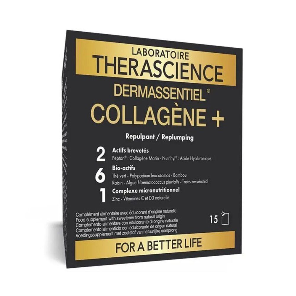 Doos Dermassentiel Collagène+ met 15 sachets. Bevat 2 gepatenteerde actieve stoffen, 6 bio-actieve stoffen en 1 micronutriëntencomplex.