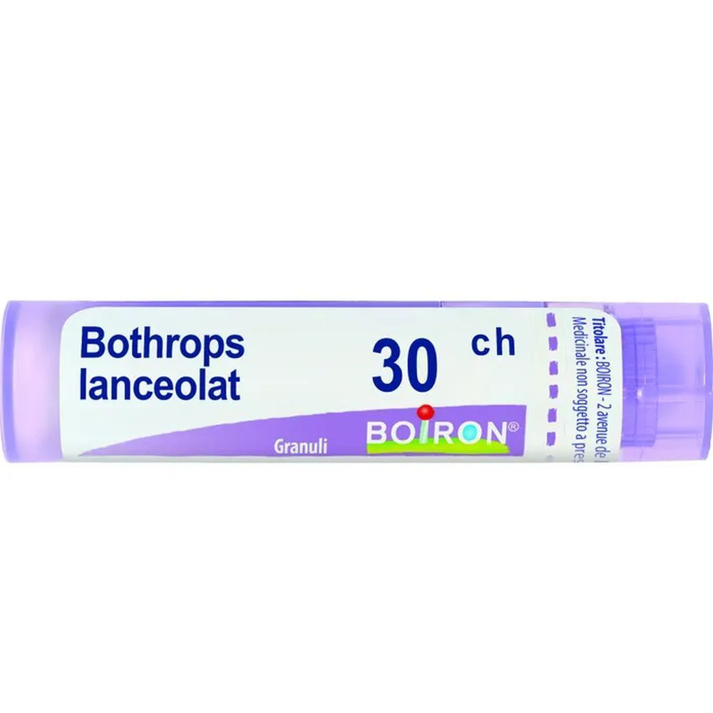 Tube de granules Bothrops lanceolatus 30 CH, BOIRON. Bouchon et texte violets. Granules blancs visibles.