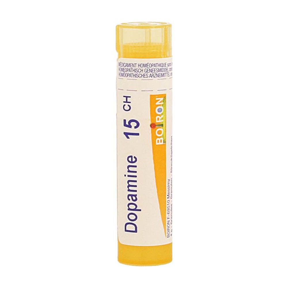 Cilindrische verpakking met gele dop. Opschrift: Dopamine 15 CH, Boiron. Homeopathisch geneesmiddel.