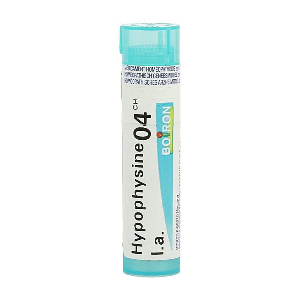 Blauwe dop op een tube. Opschrift: Hypophysine 04 CH, Boiron. Productweergave.