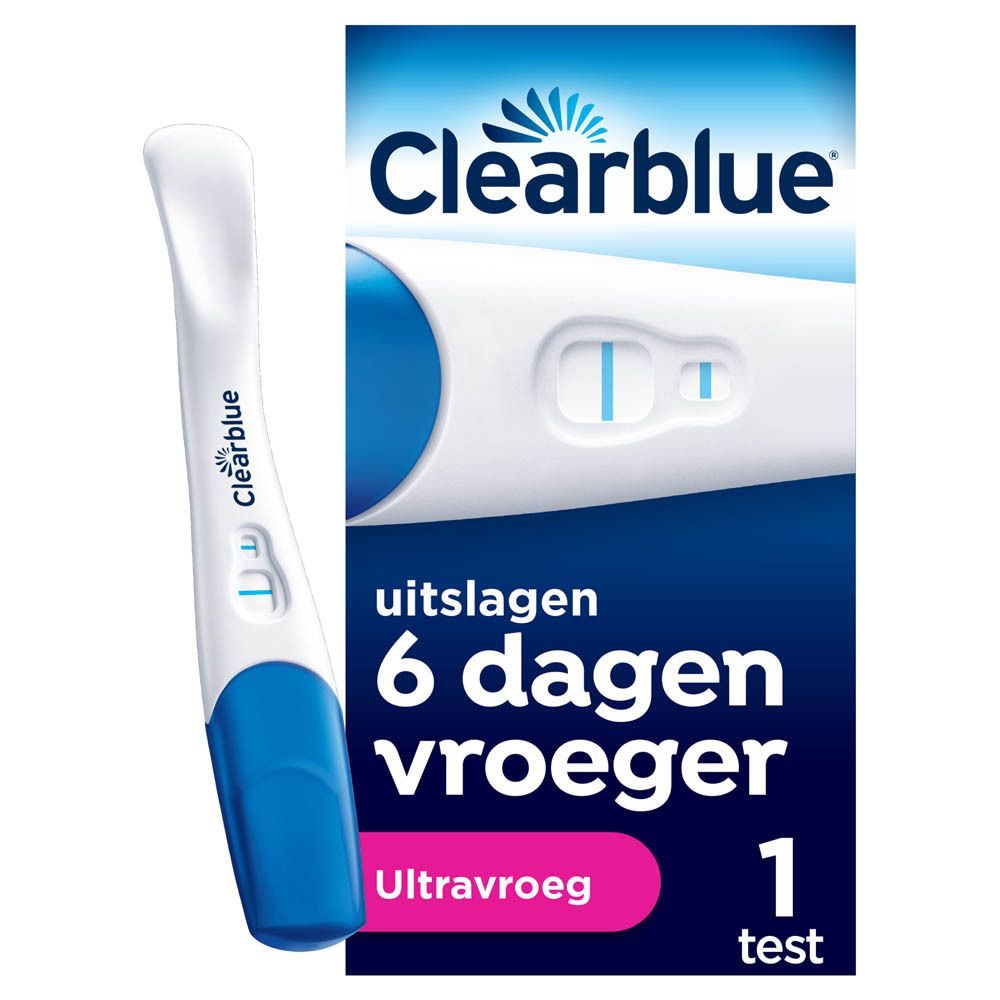 Zwangerschapstest en verpakking. Tekst: Clearblue, 6 dagen eerder. Bevat 1 test.
