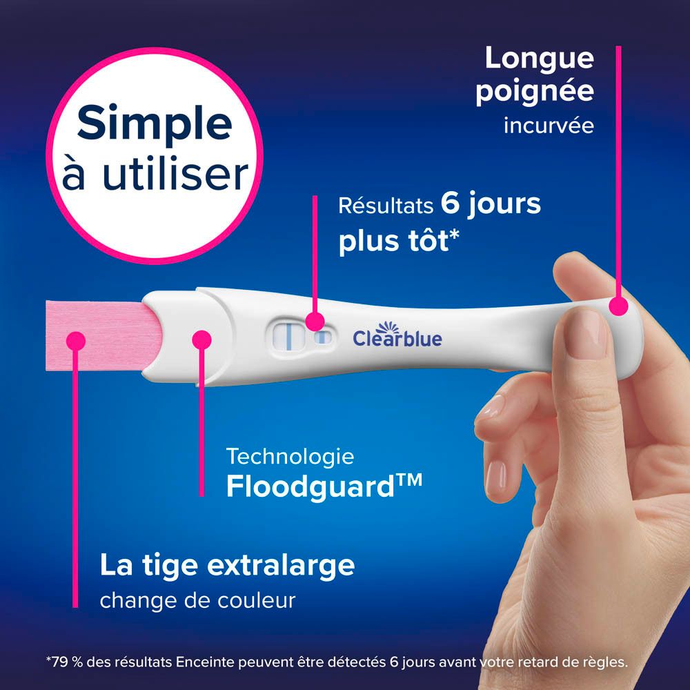Test de grossesse avec texte. Texte: Simple à utiliser, 6 jours plus tôt.
