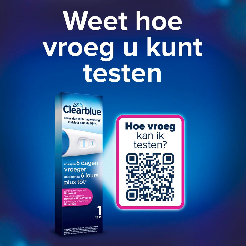 Promotiebeeld met test en verpakking. Tekst: 6 dagen eerder. QR-code.