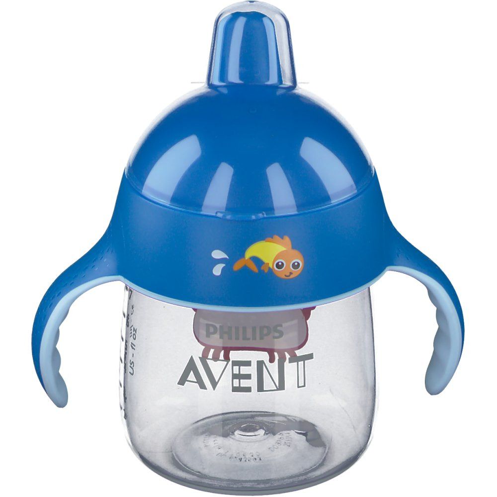 Blauwe drinkbeker met handvatten en deksel. Afbeelding: vis. Opschrift: Philips Avent.