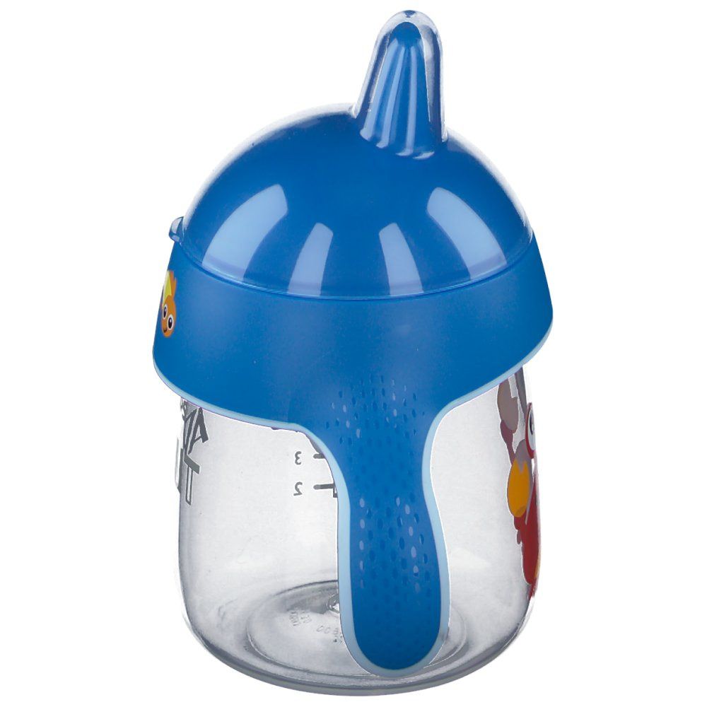 Blauwe drinkbeker met deksel en handvat. Afbeelding: vis. Opschrift: Philips Avent.