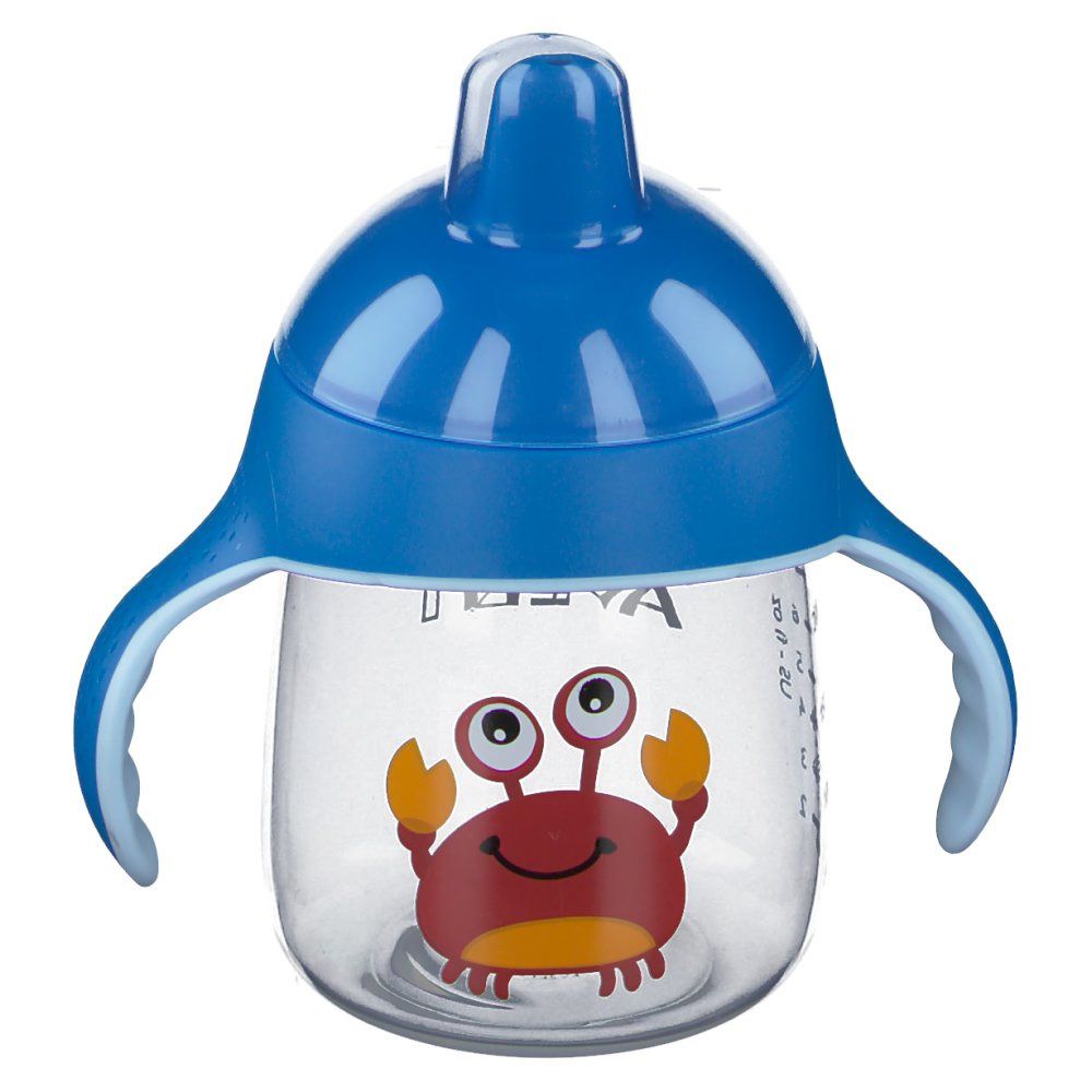 Blauwe drinkbeker met handvatten en deksel. Afbeelding: krab. Opschrift: Philips Avent.